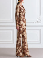Brown Floral Print Jacquard Blazer, Camisole & Flared Trouser Three-Piece Set
