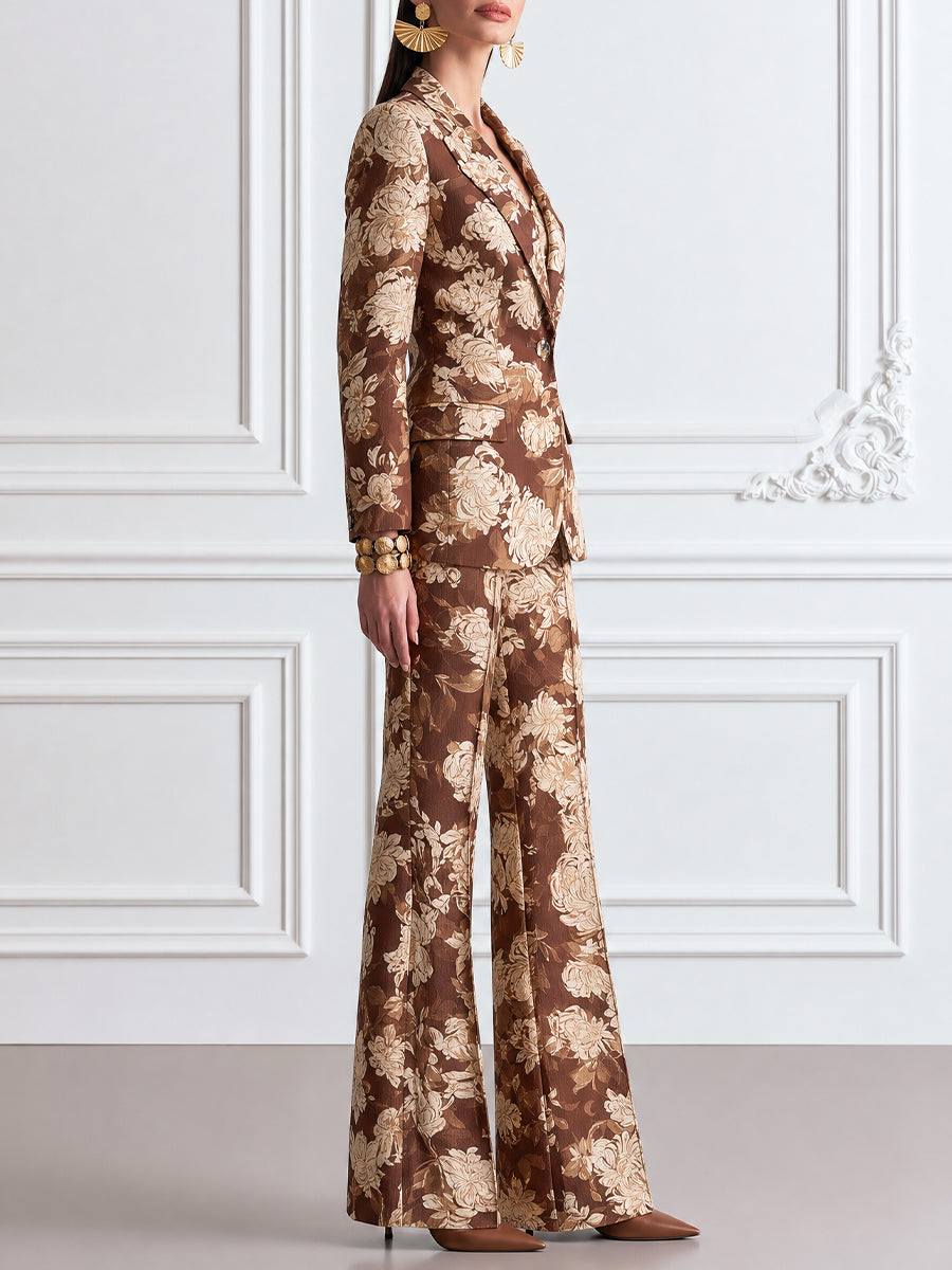 Brown Floral Print Jacquard Blazer, Camisole & Flared Trouser Three-Piece Set