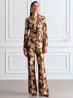 Brown Floral Print Jacquard Blazer, Camisole & Flared Trouser Three-Piece Set