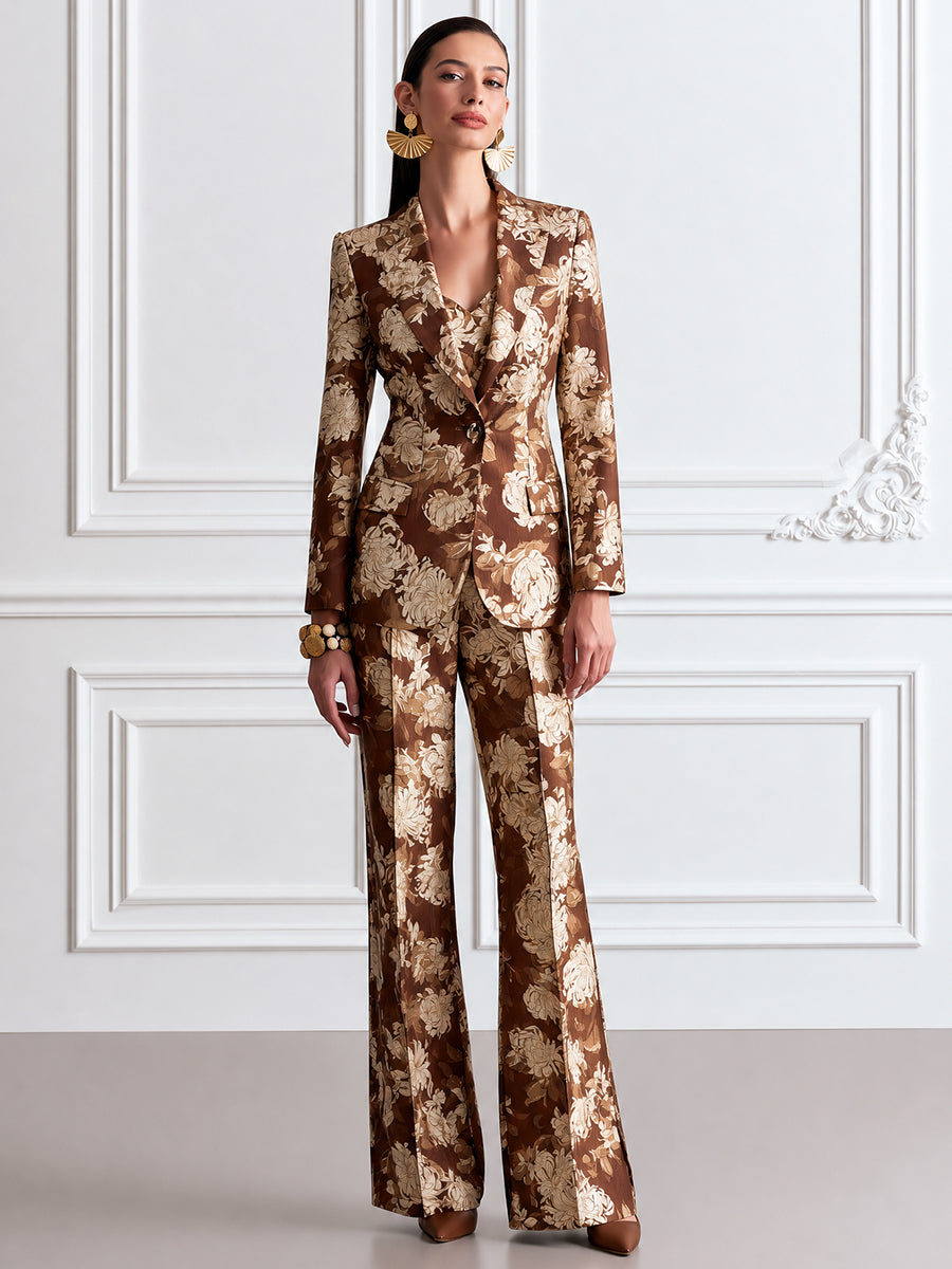 Brown Floral Print Jacquard Blazer, Camisole & Flared Trouser Three-Piece Set
