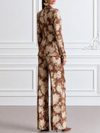 Brown Floral Print Jacquard Blazer, Camisole & Flared Trouser Three-Piece Set