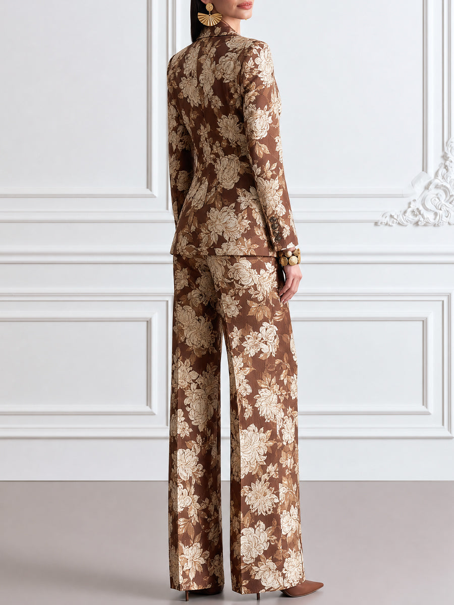 Brown Floral Print Jacquard Blazer, Camisole & Flared Trouser Three-Piece Set