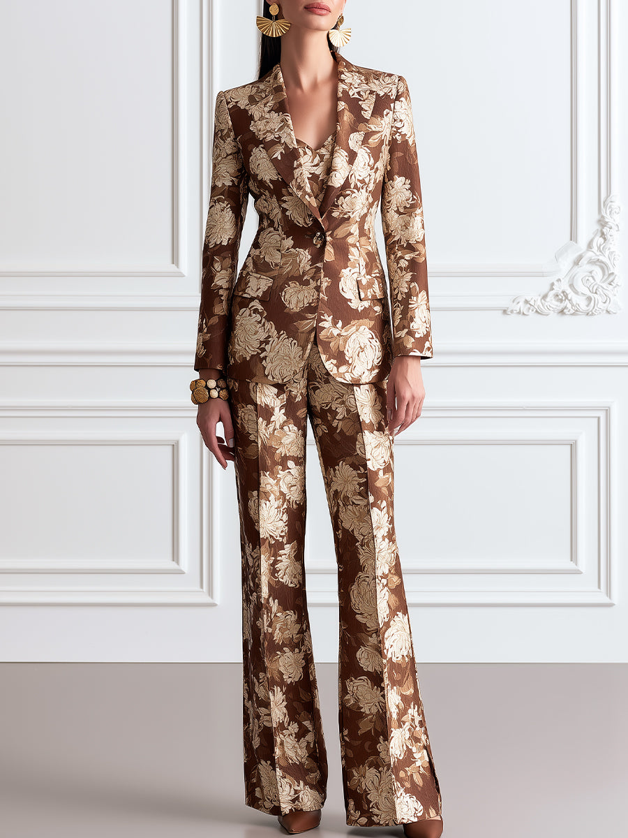 Brown Floral Print Jacquard Blazer, Camisole & Flared Trouser Three-Piece Set