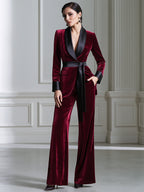 Velvet Satin-Lapel Belted Blazer And Flared Pants Set