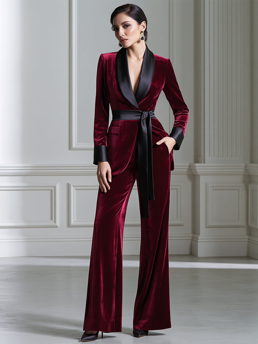 Velvet Satin-Lapel Belted Blazer And Flared Pants Set
