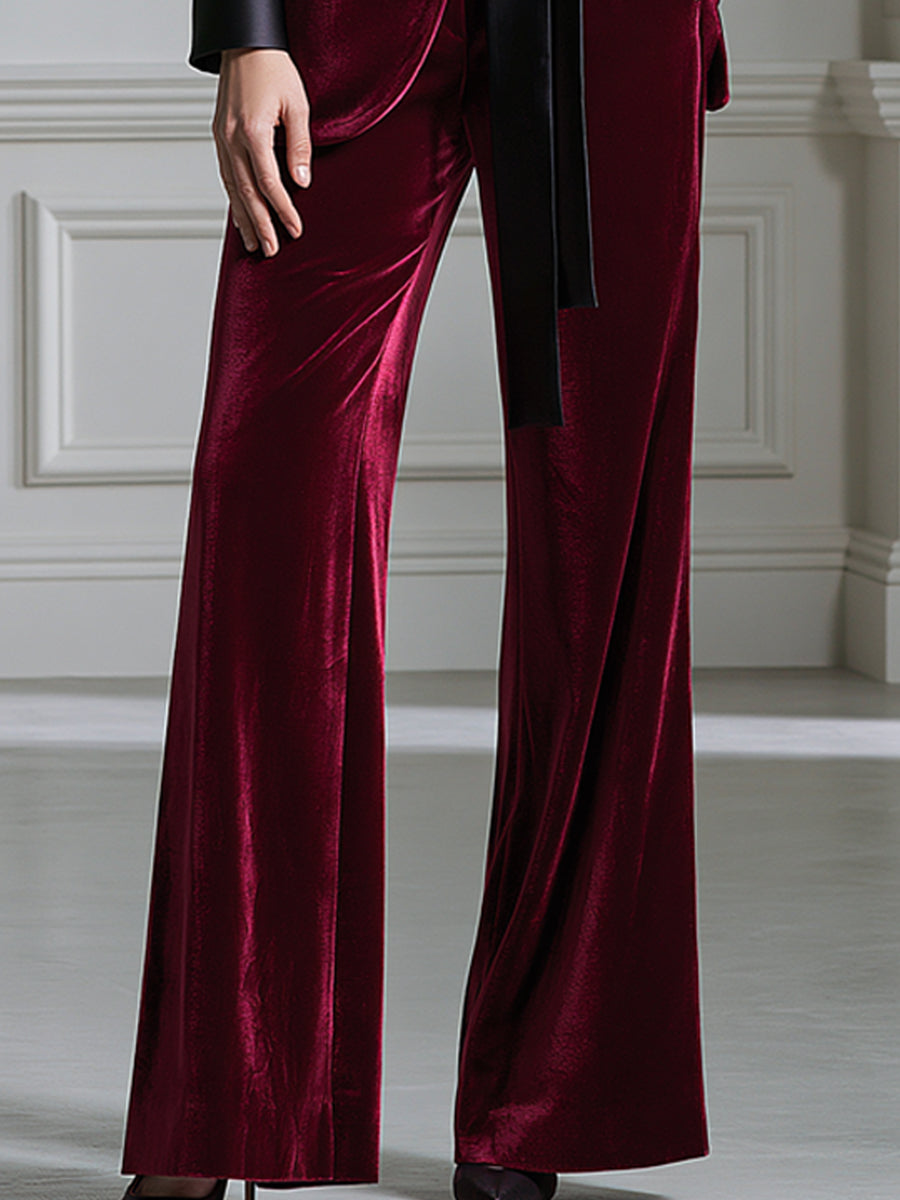 Velvet Satin-Lapel Belted Blazer And Flared Pants Set