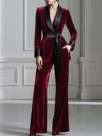 Velvet Satin-Lapel Belted Blazer And Flared Pants Set