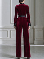Velvet Satin-Lapel Belted Blazer And Flared Pants Set
