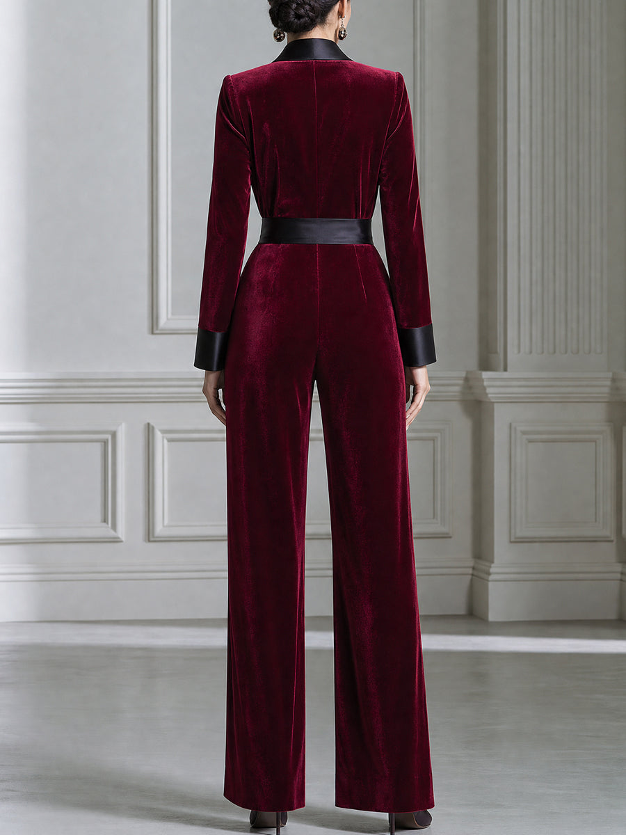 Velvet Satin-Lapel Belted Blazer And Flared Pants Set