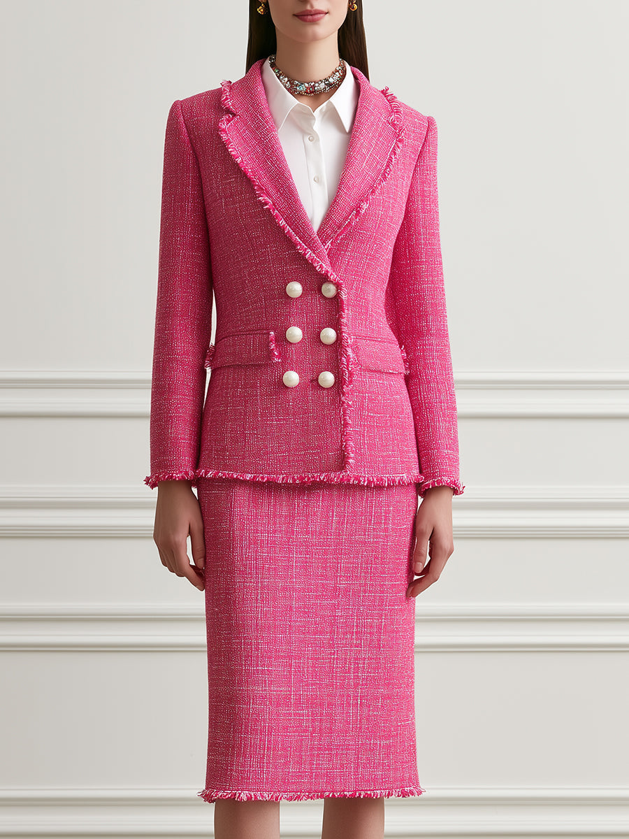 Frayed Tweed Blazer and Pencil Skirt Set with Pearl Buttons