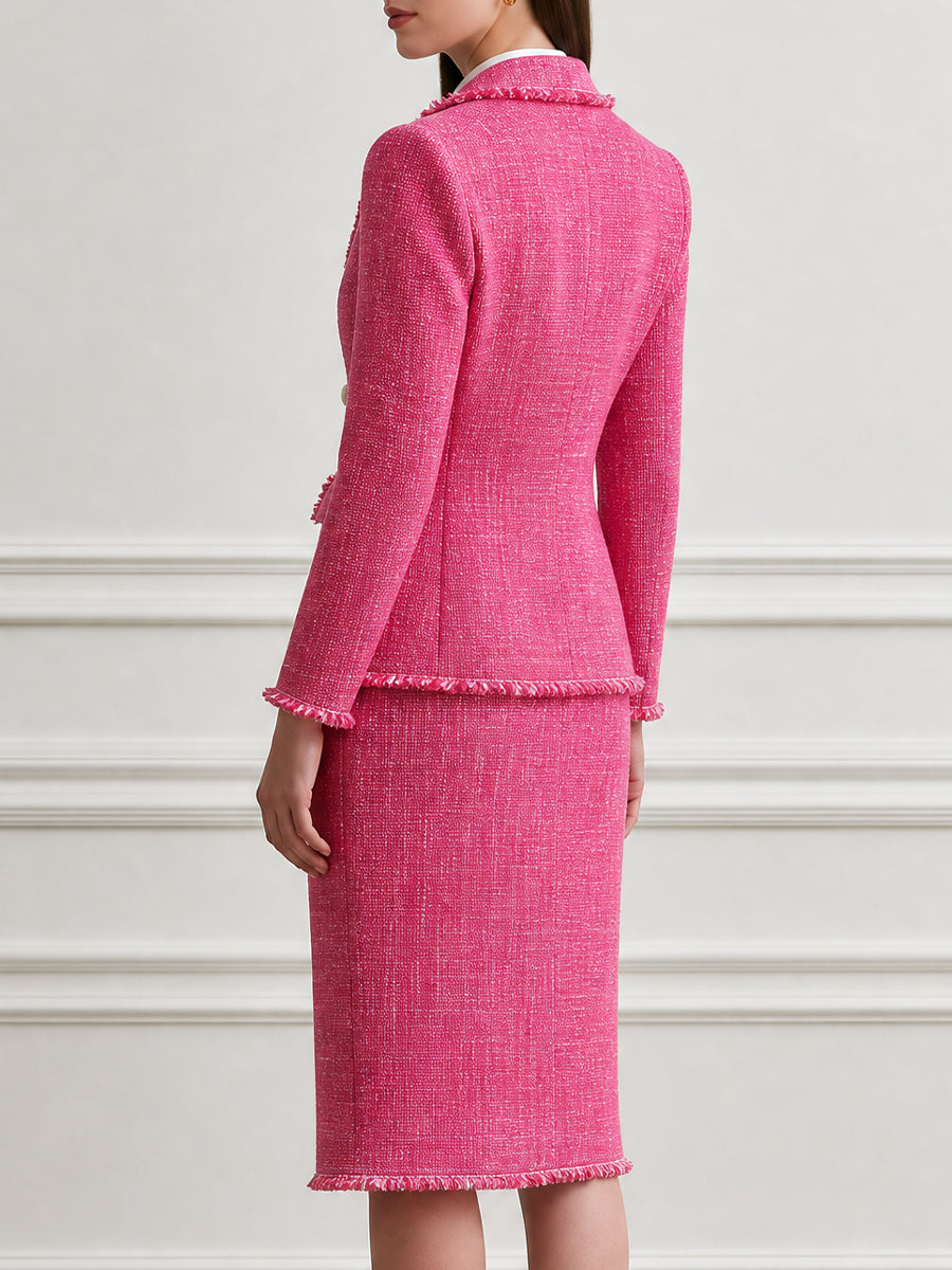 Frayed Tweed Blazer and Pencil Skirt Set with Pearl Buttons