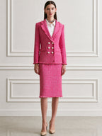 Frayed Tweed Blazer and Pencil Skirt Set with Pearl Buttons