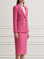 Frayed Tweed Blazer and Pencil Skirt Set with Pearl Buttons