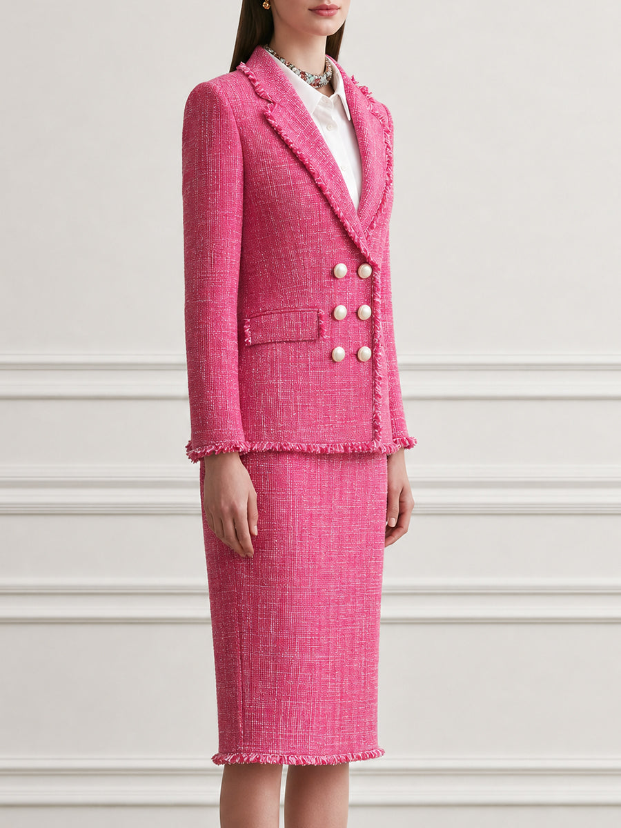 Frayed Tweed Blazer and Pencil Skirt Set with Pearl Buttons