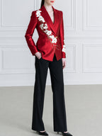 Red Satin Blazer With Floral Printed Detail