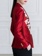 Red Satin Blazer With Floral Printed Detail