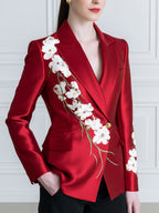 Red Satin Blazer With Floral Printed Detail