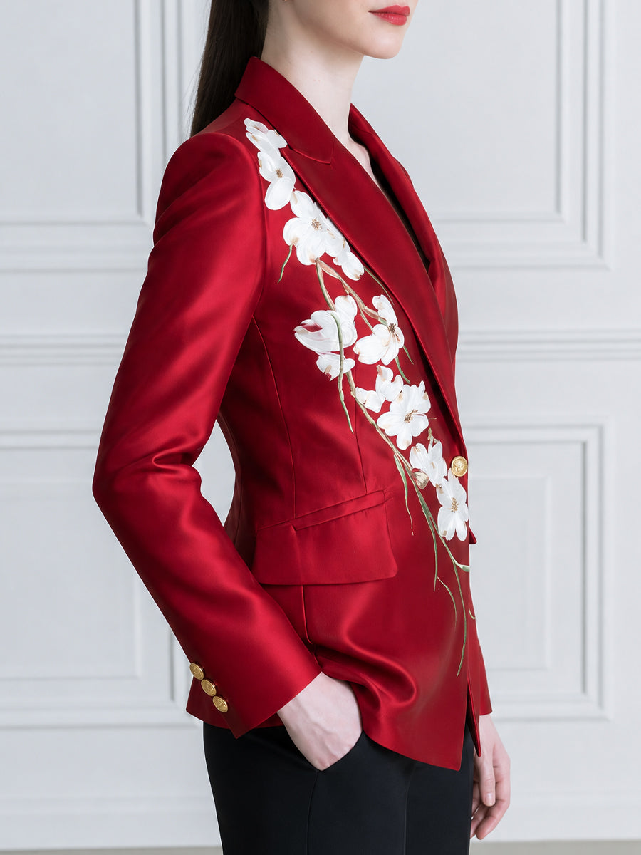 Red Satin Blazer With Floral Printed Detail