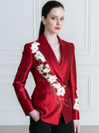 Red Satin Blazer With Floral Printed Detail