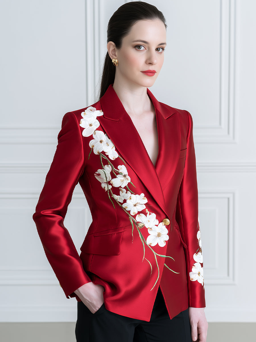 Red Satin Blazer With Floral Printed Detail