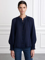 Navy Lace-Trim Button-Front Blouse with Balloon Sleeves