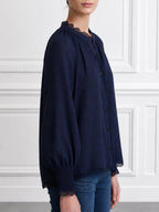 Navy Lace-Trim Button-Front Blouse with Balloon Sleeves