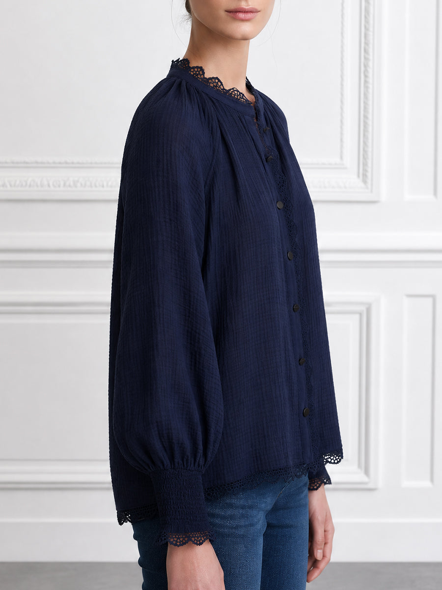 Navy Lace-Trim Button-Front Blouse with Balloon Sleeves