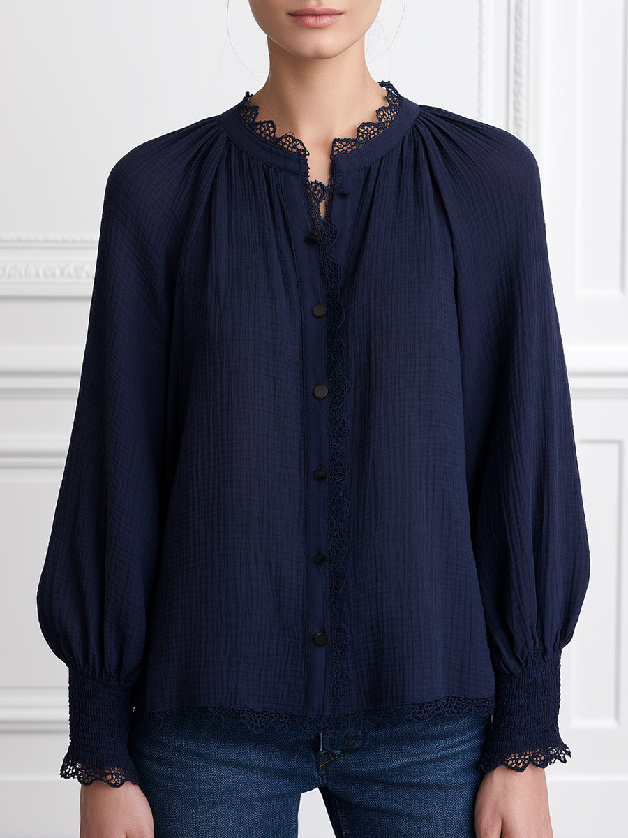 Navy Lace-Trim Button-Front Blouse with Balloon Sleeves
