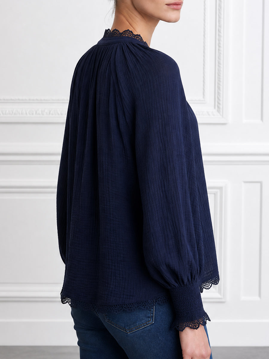 Navy Lace-Trim Button-Front Blouse with Balloon Sleeves