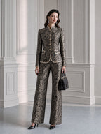 Paisley Jacquard Stand Collar Blazer & Wide Leg Pants Suit