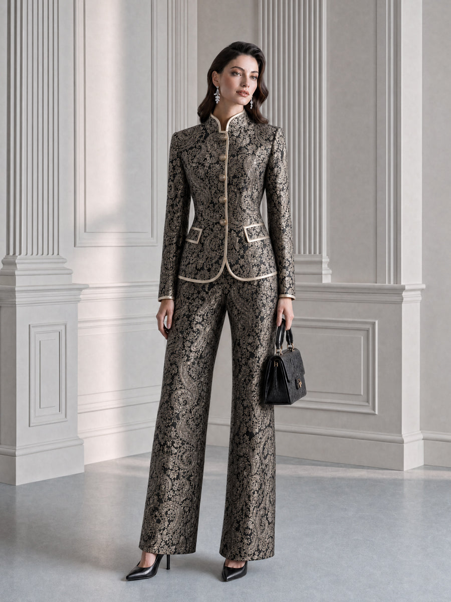 Paisley Jacquard Stand Collar Blazer & Wide Leg Pants Suit