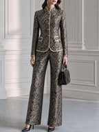 Paisley Jacquard Stand Collar Blazer & Wide Leg Pants Suit