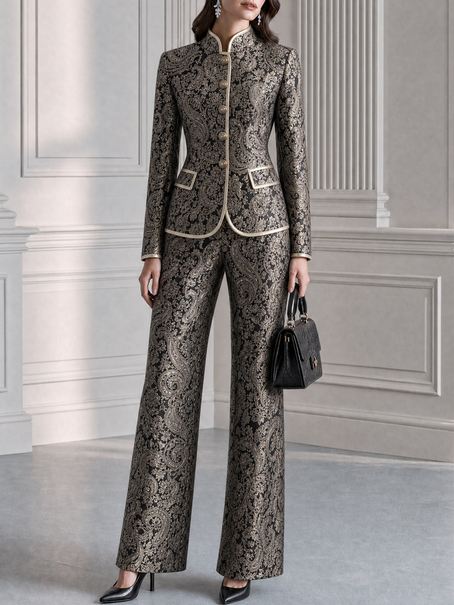 Paisley Jacquard Stand Collar Blazer & Wide Leg Pants Suit