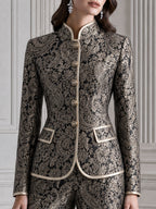 Paisley Jacquard Stand Collar Blazer & Wide Leg Pants Suit