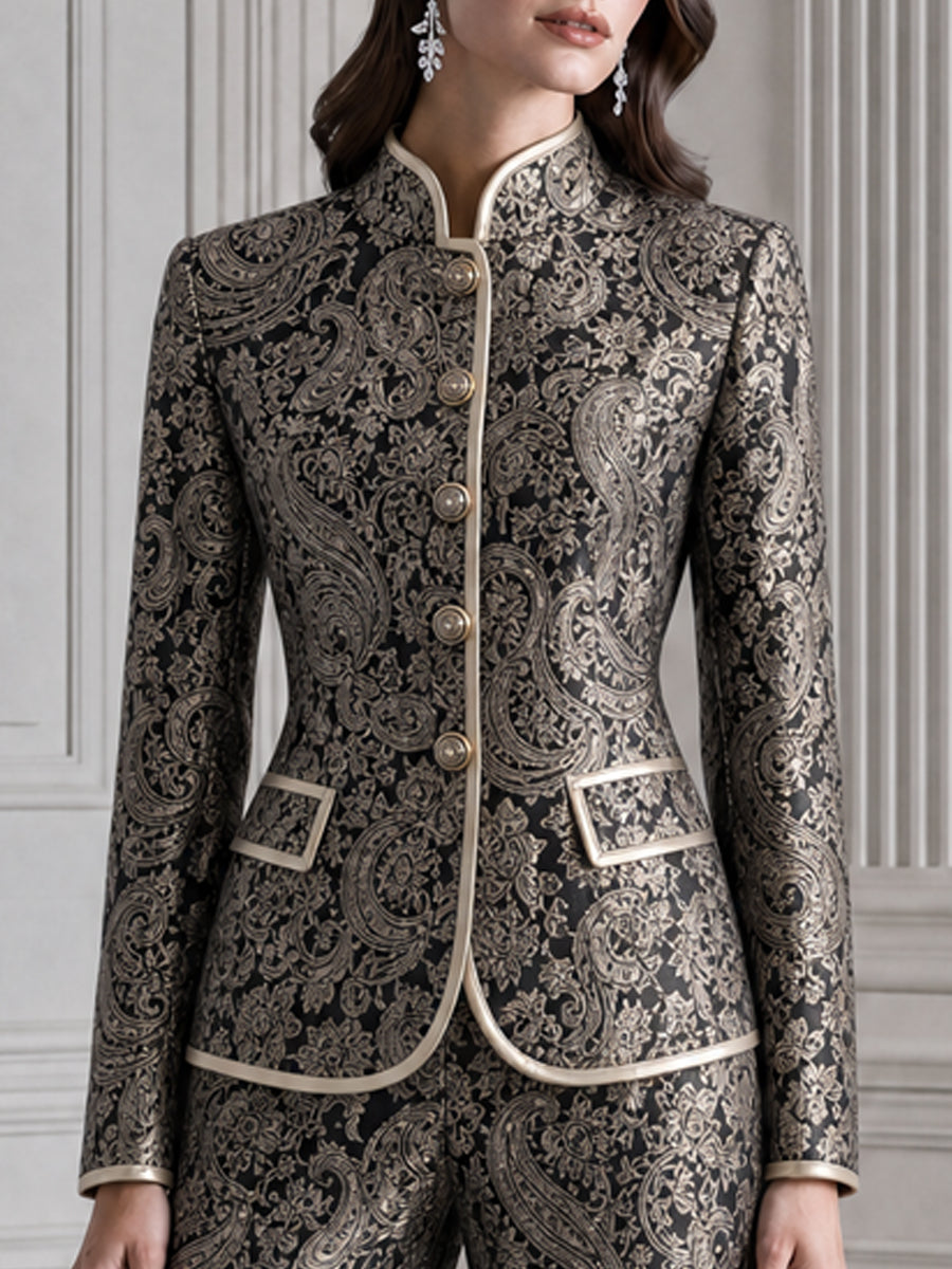 Paisley Jacquard Stand Collar Blazer & Wide Leg Pants Suit