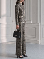 Paisley Jacquard Stand Collar Blazer & Wide Leg Pants Suit