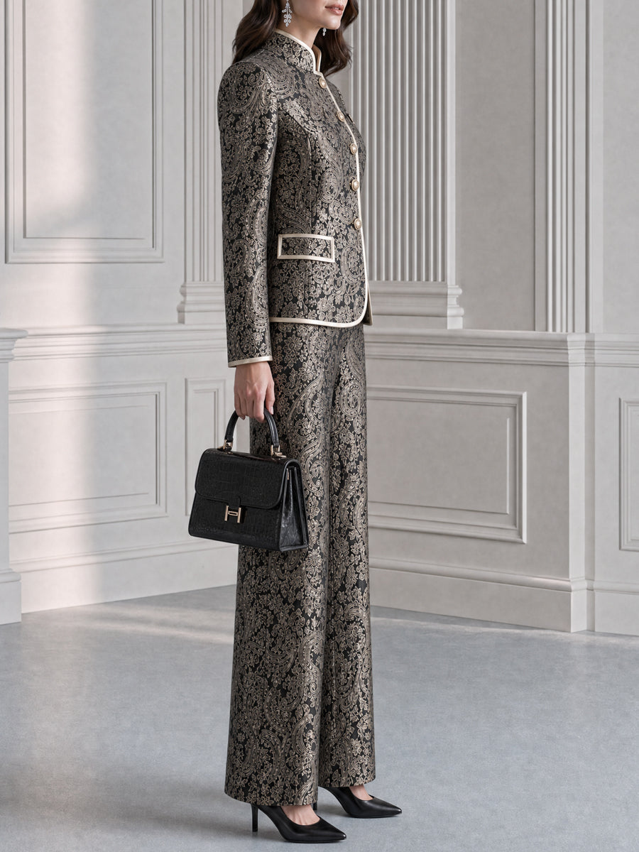 Paisley Jacquard Stand Collar Blazer & Wide Leg Pants Suit