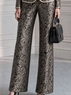 Paisley Jacquard Stand Collar Blazer & Wide Leg Pants Suit