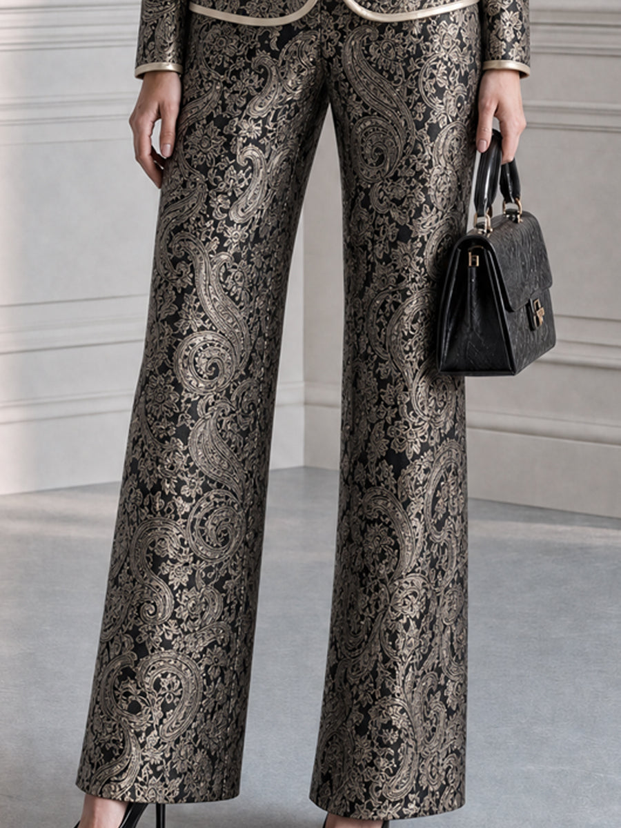 Paisley Jacquard Stand Collar Blazer & Wide Leg Pants Suit