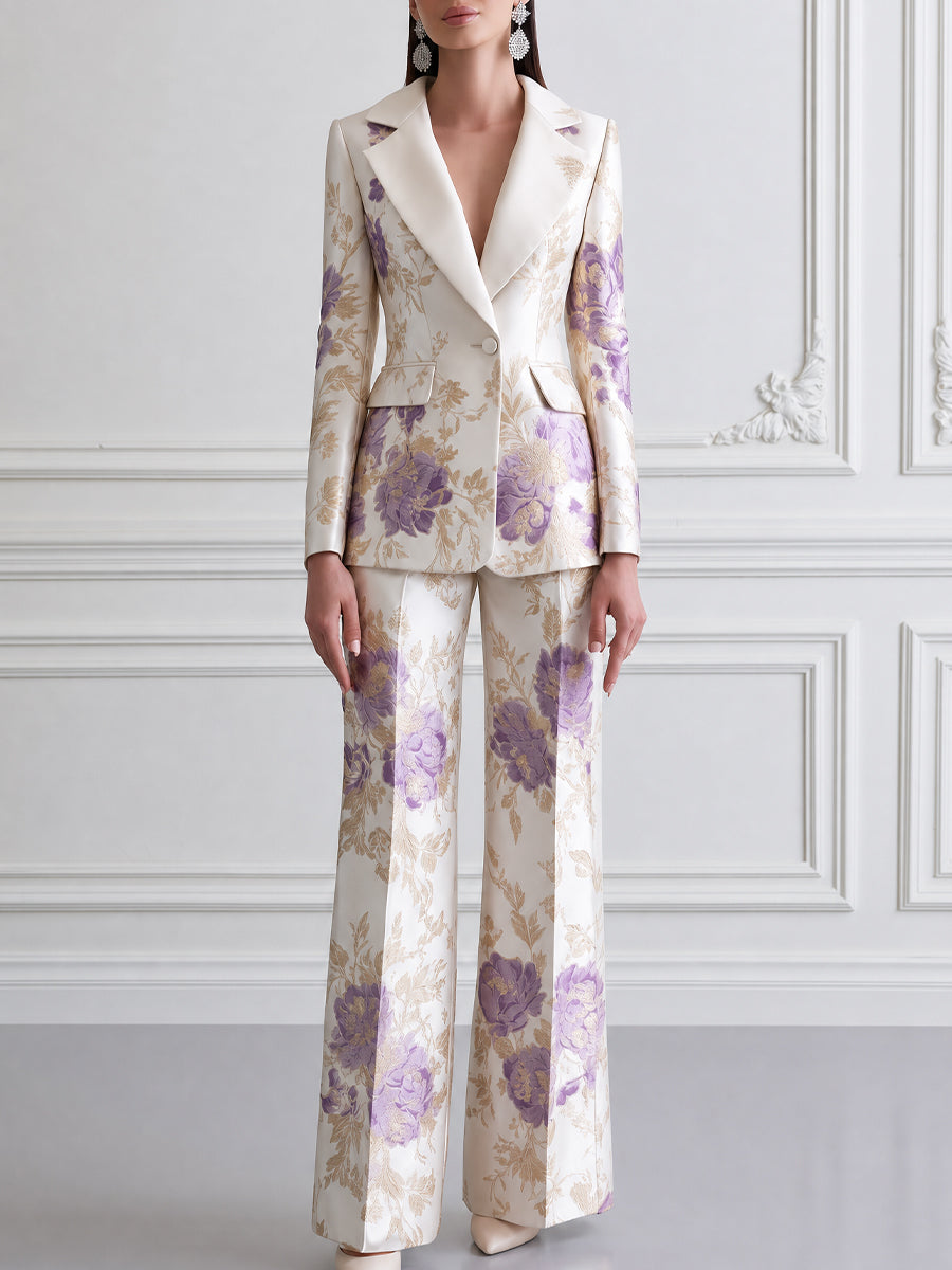 Floral Printed Blazer & Wide-Leg Pants Two-Piece Suit Set