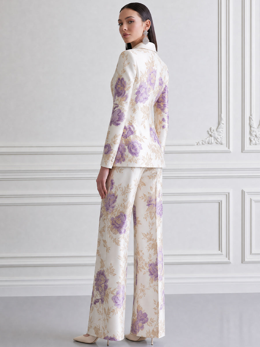 Floral Printed Blazer & Wide-Leg Pants Two-Piece Suit Set