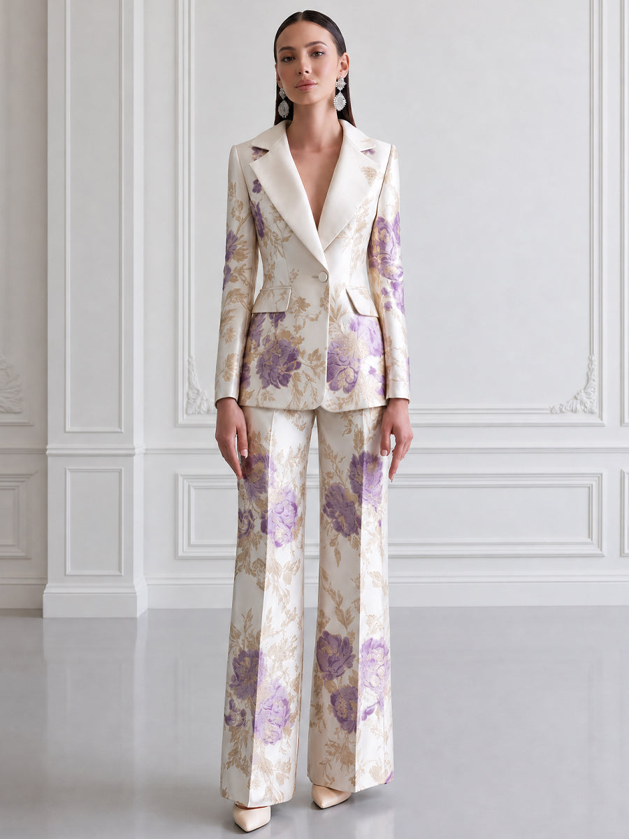 Floral Printed Blazer & Wide-Leg Pants Two-Piece Suit Set