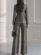 Paisley Jacquard Stand Collar Blazer & Wide Leg Pants Suit