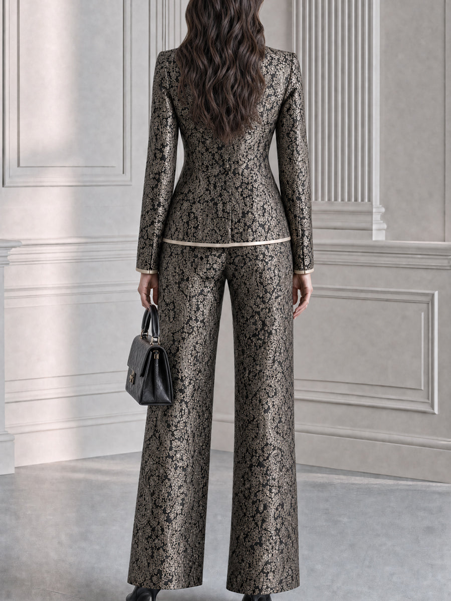 Paisley Jacquard Stand Collar Blazer & Wide Leg Pants Suit