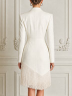 White Dress Double Breasted Fringe Hem Blazer Midi Dress