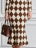Diamond Plaid Print Bow Neck Mermaid Bodycon Midi Dress
