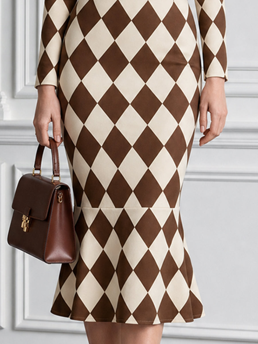 Diamond Plaid Print Bow Neck Mermaid Bodycon Midi Dress