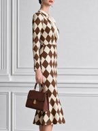 Diamond Plaid Print Bow Neck Mermaid Bodycon Midi Dress