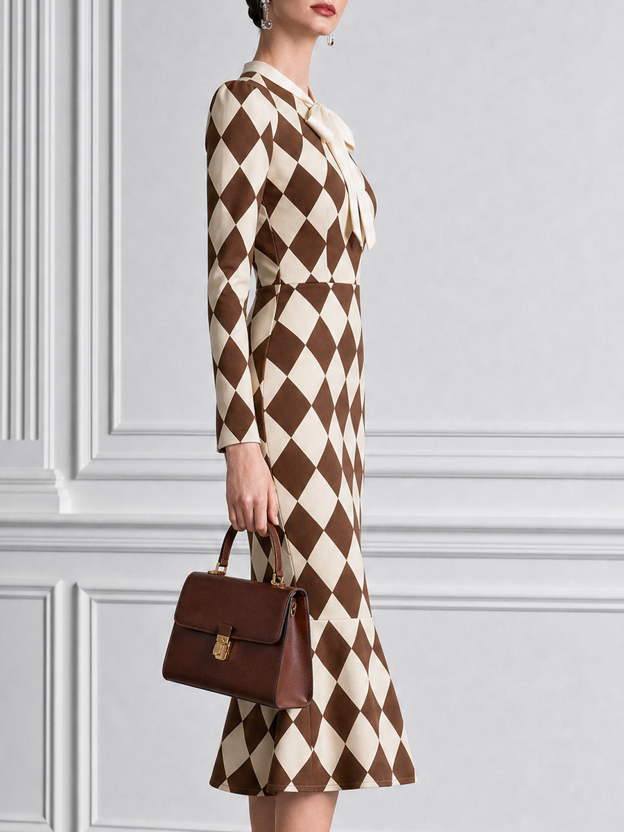 Diamond Plaid Print Bow Neck Mermaid Bodycon Midi Dress