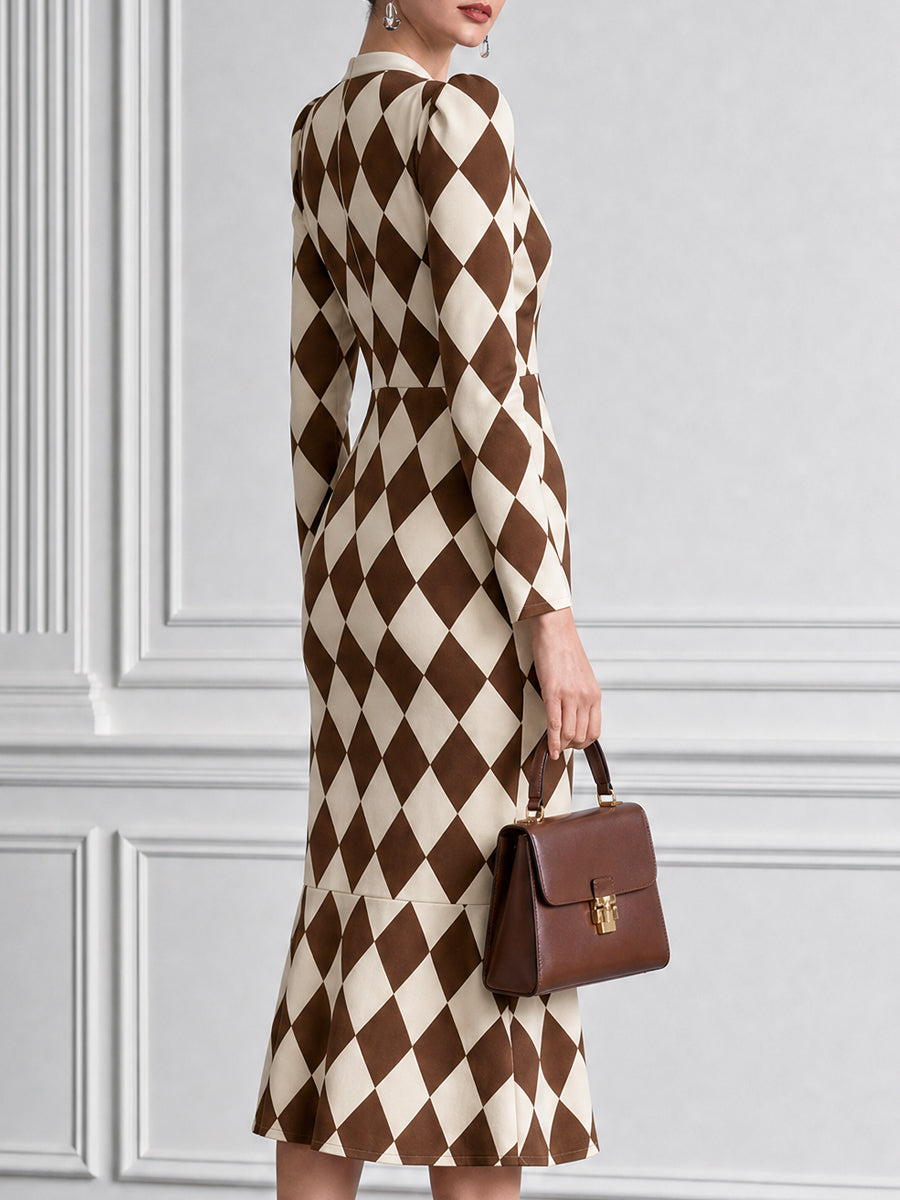Diamond Plaid Print Bow Neck Mermaid Bodycon Midi Dress